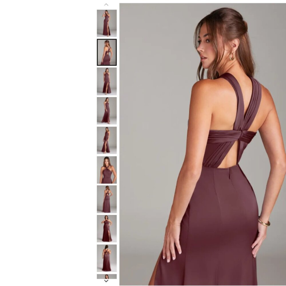 Azazie Rue Bridesmaid Dress Sangria Stretch Satin Maxi - Picture 2 of 4